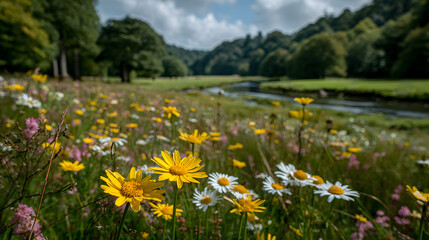 Wildflowers blooming in a field near a river and bridge.