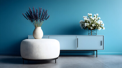 White vase with lavender and white flowers in a blue room