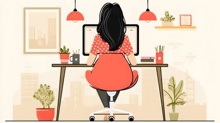 Woman sitting at desk facing computer, rear view