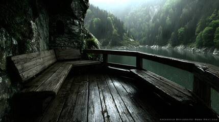 Wooden bench and railing overlooking a lake in a mountain valley.