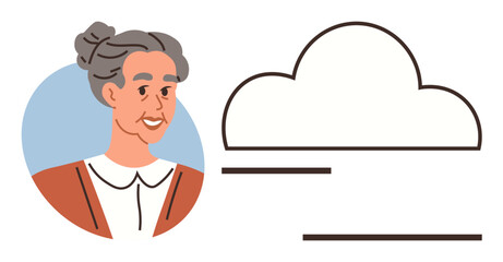 Elderly woman with gray hair in a bun, smiling in profile circle near cloud icon and text lines. Ideal for themes of wisdom, memory, experience, storytelling, online communication, education
