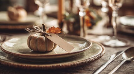 Elegant Thanksgiving table setting with small pumpkin and blank name card on ceramic plate, rustic autumn holiday dinner decoration, festive place setting