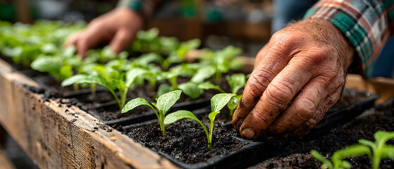 Close-up of hands tending to young seedlings in a wooden planter box.