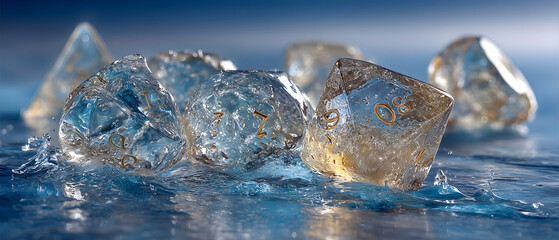 Close-up of ice chunks on a blue surface.
