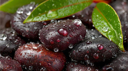 Close-up of Kalamata olives with water droplets and leaves.