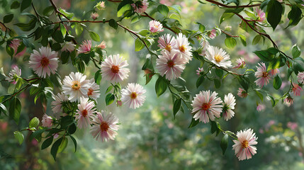 Close-up of light pink flowers and green leaves on a branch.