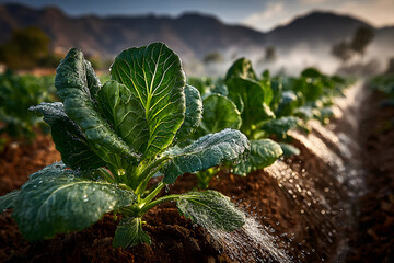 Close-up of leafy green plants growing in a field with mountains in the background.