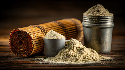 Close-up of light beige powder in a metal container and measuring cup, next to a rolled-up bamboo mat on a dark wooden surface.