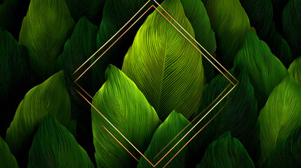 Close-up of green leaves with a gold geometric frame.