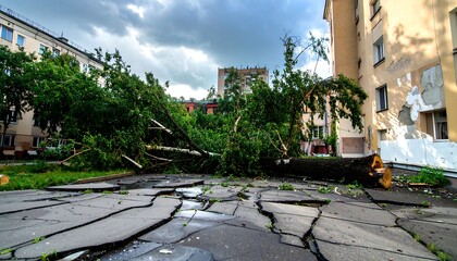 Fallen tree on cracked pavement