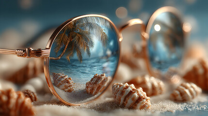 Close-up of round sunglasses reflecting a winter scene, surrounded by small, light brown objects on a white surface.