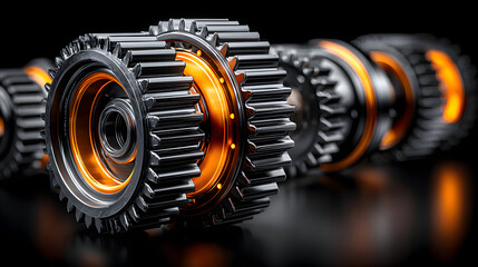 Close-up of several interlocking gears; dark background.