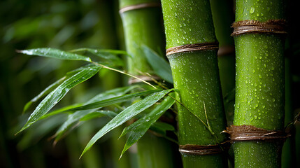 Close-up of several green bamboo stalks with leaves.