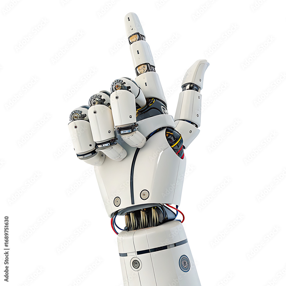 Poster close up of a white robotic hand with index finger pointing up against a white background in studio 