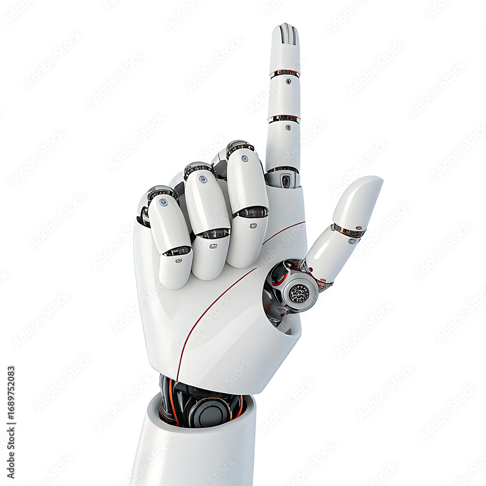 Poster a white robotic hand with the index finger pointing upwards against a plain white background in a st