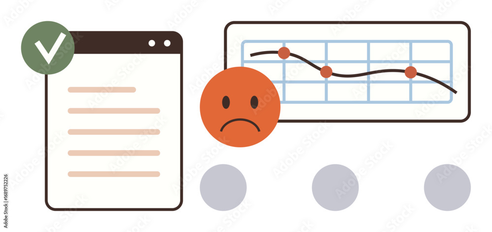 Aufkleber sad face highlights declining data trend on graph, green checkmark marks approved document. ideal fo