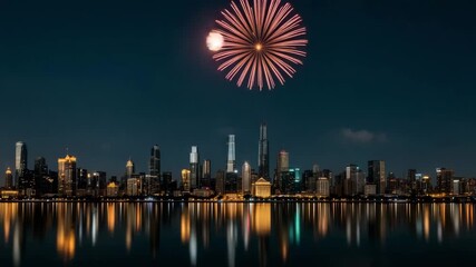 Fireworks over modern city skyline at night, cinematic celebration with colorful bursts above skyscrapers and glowing reflections on river water - Powered by Adobe