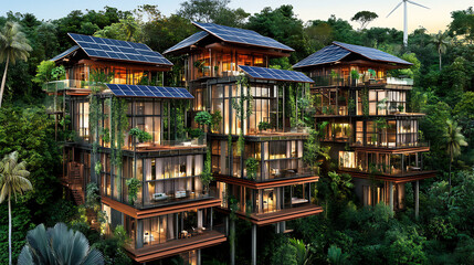Fototapeta premium Modern Eco-Friendly Stacked Homes with Solar Panels Nestled in a Lush Forest