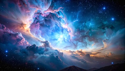 Nebula Cloud Over Starlit Sky, Dreamy Cosmic Landscape, Inspirational Viewpoint
