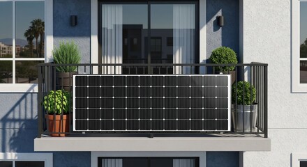 Straight view of balcony with plants and black solar panel mounted on railing, apartment building, Las Vegas, USA