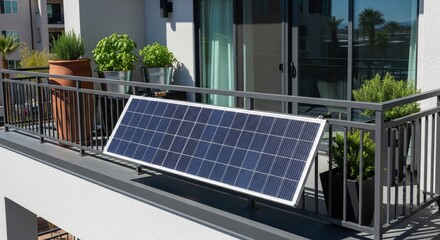 Blue angled solar panel on balcony of white apartment building with potted greenery, bright daylight, Las Vegas, USA