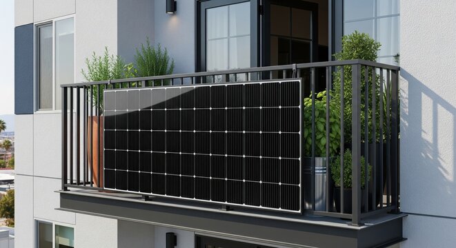 Close-up black solar panel mounted on balcony railing with plants, apartment building, Las Vegas, USA
