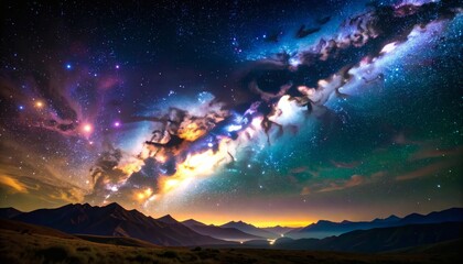 Obraz premium Stargazing Adventure, Celestial Wonders, Mountain Range, Landscape Photography, Night Sky, Elevated View, Firefly Concept