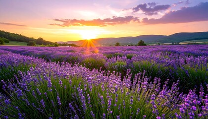Naklejka premium Lush lavender field at sunrise