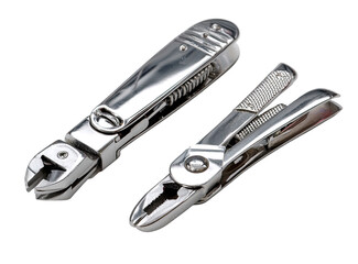 Obraz premium Two compact, polished metal multi-tools, positioned diagonally. One is a folding knife with pliers, the other a similar folding utility knife