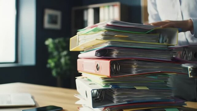 Man sorting through a large stack of colorful ring binders on a desk in an office setting