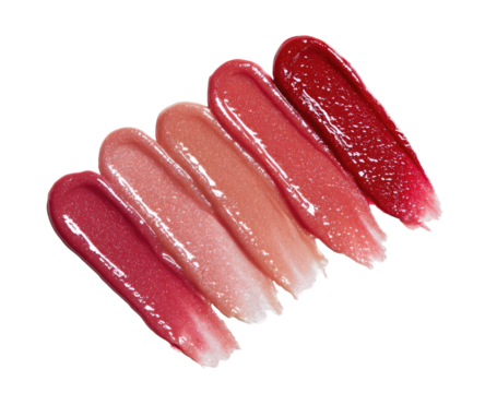 Colorful lip gloss swatches in varying shades of pink and red