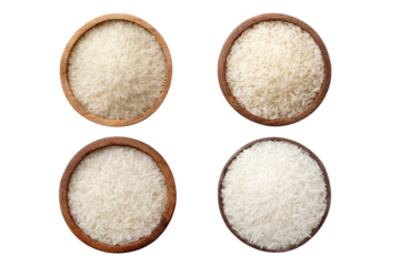 Four wooden bowls filled with uncooked white rice, arranged in a 2x2 grid