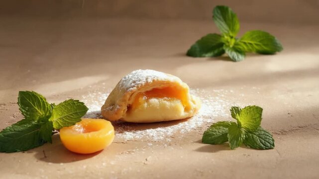 A gourmet bite-size dessert, featuring a tart crust filled with almond paste and topped with fresh mint leaves.