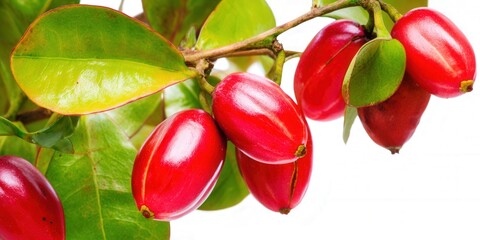 Vibrant red miracle fruit on a branch with green leaves against a white background.