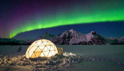 Igloo under Northern Lights in snowy mountain landscape