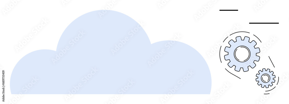 Poster blue cloud shape linked with rotating gray gears to illustrate technology, automation, and system op