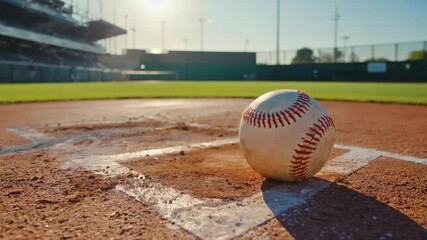 A baseball on home plate, ready for the next pitch. The captures the anticipation and focus of the game.