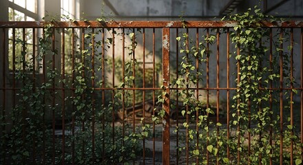 Rusty Metal Fence with Green Vines Growing in Outdoor Urban Setting