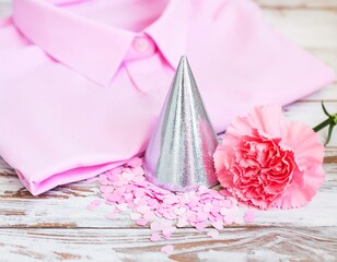 Pink shirt, party hat, and flower on a rustic wooden surface
