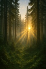 Obraz premium Mystical dawn breaking over ancient Carpathian forest with ethereal mist weaving through pine trees