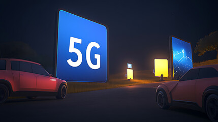 Vehicles at Night with Illuminated 5G Sign and Digital Displays