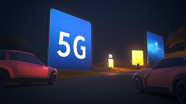 Vehicles at Night with Illuminated 5G Sign and Digital Displays