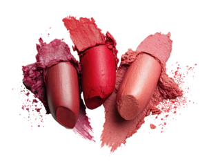 Three lipstick shades, vibrant colors, smudged and scattered