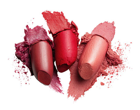 Three lipstick shades, vibrant colors, smudged and scattered