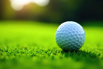 Obraz premium Close-up shot of a golf ball resting on a lush green, ready to be struck, evoking the power and precision of a legendary golfer's game , power, athleticism