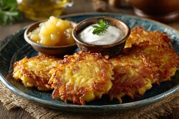 Golden potato latkes are served with sour cream and apple sauce on blue plate. Use it for Hanukkah recipes, cultural cuisine posts, or holiday blog visuals.