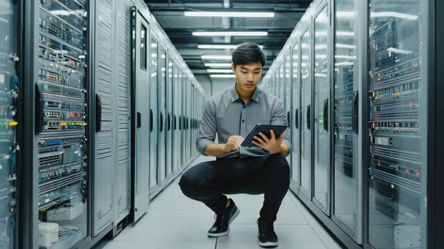 Technology worker examining servers, symbolizing integration of human and AI technology.