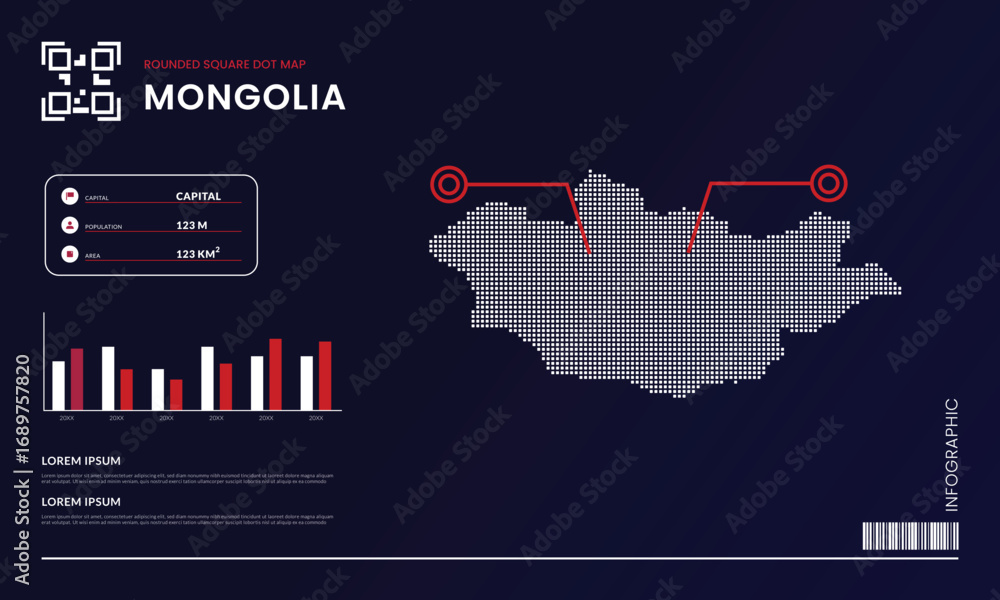 Aufkleber rounded square dot map of mongolia with infographic presentation template use for design element