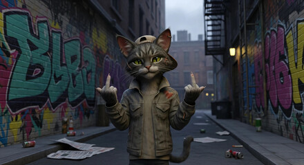Anthropomorphic cat showing middle finger