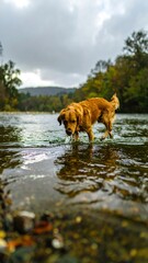 Golden retriever in river